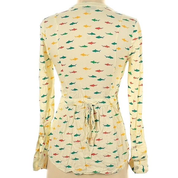 ModCloth Women's Size XXS Rainbow Shark Print Blouse Tie Back Button Down - Picture 3 of 6